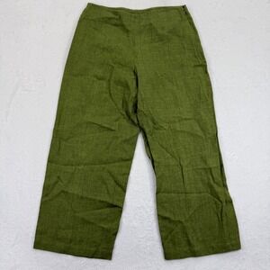 Eileen Fisher Petite PP Olive Green Linen Blend Wide Leg Cropped Pants side zip